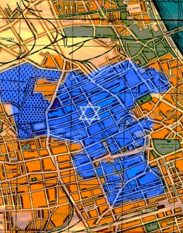 Fragment niemieckiego planu Warszawy z 1941 roku z zaznaczonymi niebieską linią granicami getta warszawskiego. 