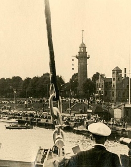 Port channel in Gdansk. In the background the lighthouse in the New Port. View from the Schleswig-Holstein deck. August 25, 1939