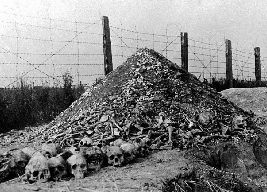 Stos z ludzkich kości i czaszek w wyzwolonym przez wojska radzieckie obozie na Majdanku, 1944 r./AFP/EAST NEWS