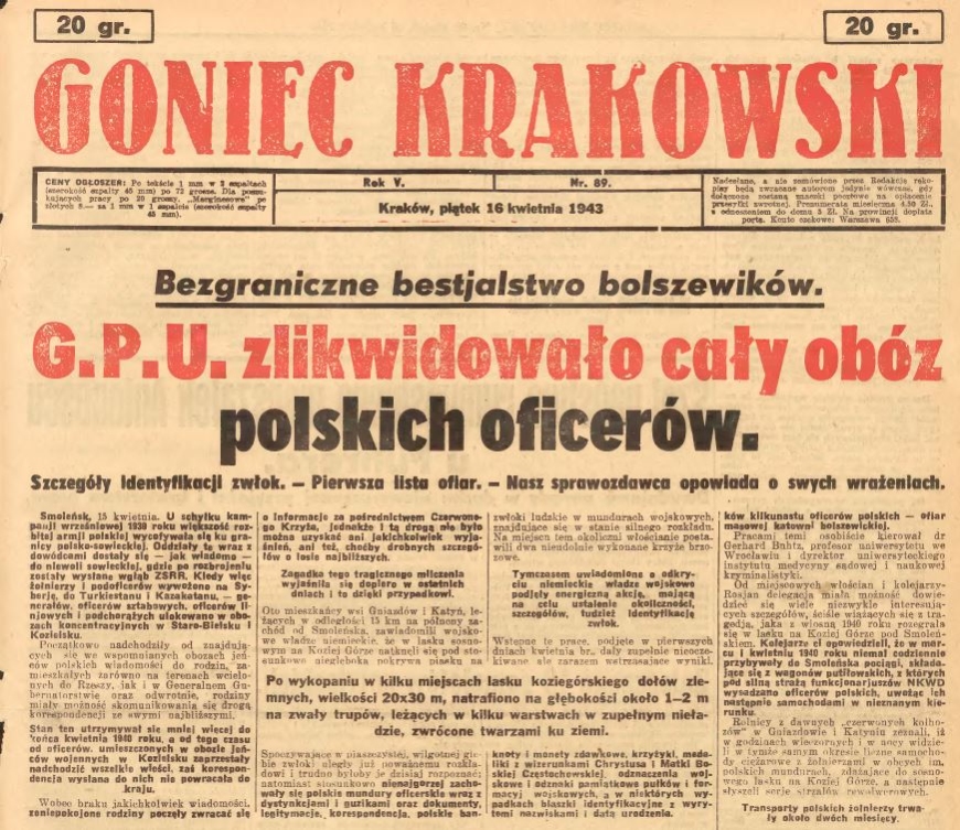 Fragment pierwszej strony gadzinowego „Gońca Krakowskiego” z 16 kwietnia 1943 r. Najważniejszą informacją tego wydania było ujawnienie przez Niemców zbrodni katyńskiej i wskazanie jej bezpośrednich sprawców (domena publiczna)