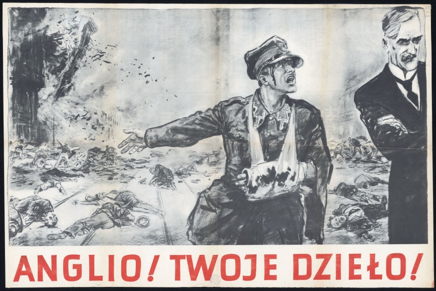 Niemiecki plakat propagandowy zerwany przez Zahorską prezentowany na wystawie głównej MIIWŚ (Polona.pl)