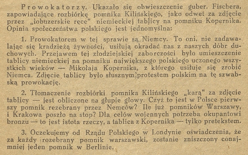Notatka w nr. 9 z 5 marca 1942 r. „Biuletynu Informacyjnego KG AK” opisująca „wojnę pomnikową” w Warszawie (Polona.pl)