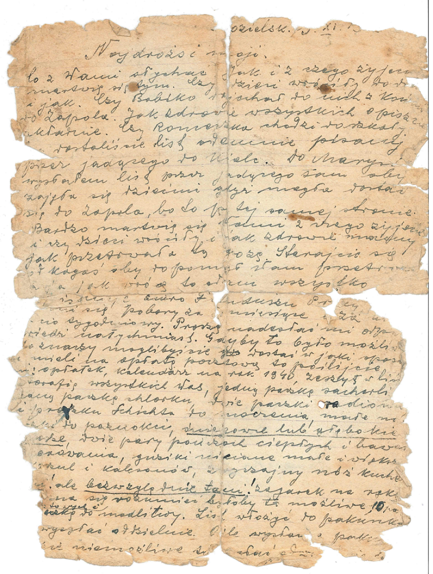 List rtm. rez. Aleksandra Kornela Kowala do rodziny, napisany w obozie w Kozielsku w listopadzie 1939 roku 