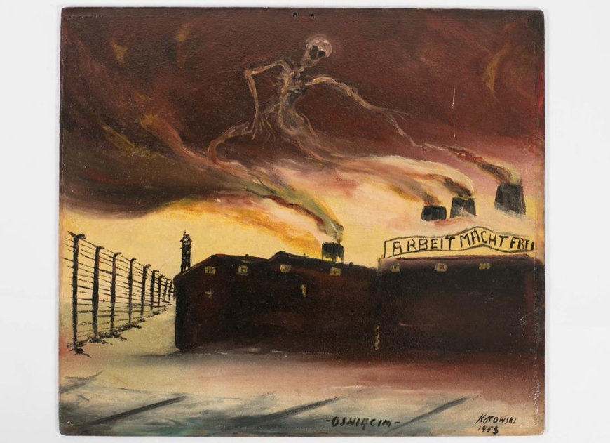 Obraz „Oświęcim” namalowany w 1953 r., prawdopodobnie przez więźnia obozu Auschwitz-Birkenau. Ze zbiorów Muzeum II Wojny Światowej.