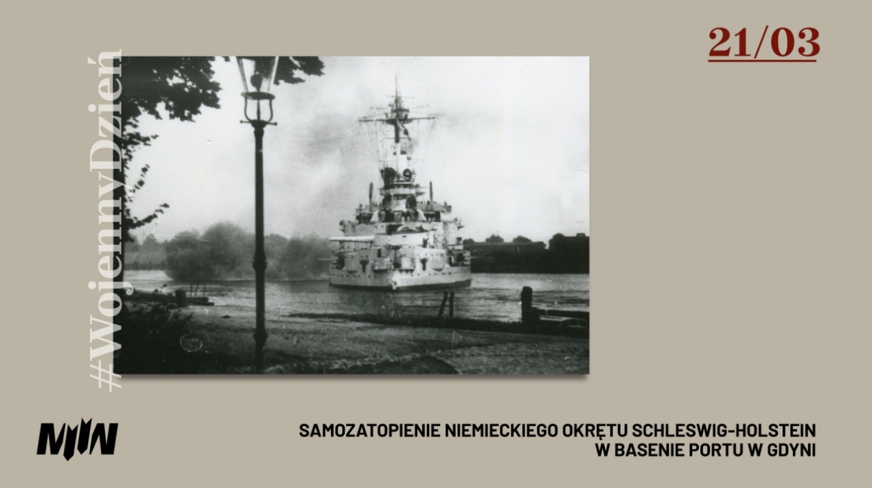 #WojennyDzień - Samozatopienie niemieckiego okrętu Schleswig-Holstein w basenie gdyńskiego Portu