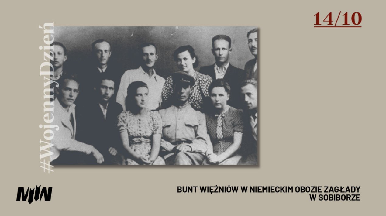 Fot. 1. Grupa powstańców z Sobiboru. W prawym górnym rogu Leon Feldhendler – założyciel grupy konspiracyjnej w nazistowskim obozie zagłady w Sobiborze (domena publiczna)