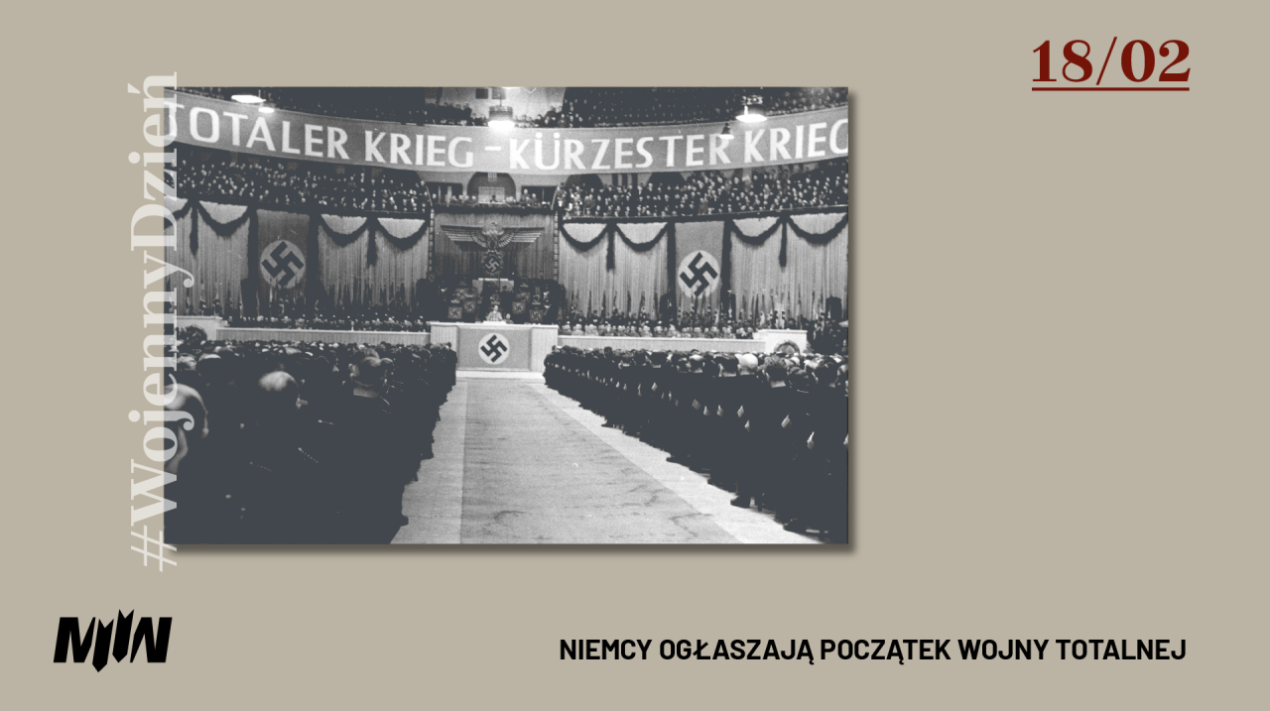 Minister propagandy i oświecenia publicznego Niemiec Joseph Goebbels ogłasza początek wojny totalnej. Pałac Sportu w Berlinie, 18 lutego 1943 r. (Narodowe Archiwum Cyfrowe)