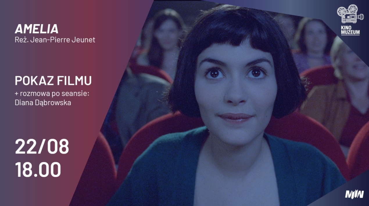 Grafika do pokazu filmu "Amelia"; na zdjęciu główna bohaterka filmu siedząca w kinie