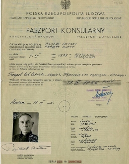 PAMIĄTKI PO ANTONIM PAJDAKU /1945–1955/Paszport konsularny wystawiony po odbyciu wyroku na powrót do Polski. MUZEUM WOJNY ŚWIATOWEJ/DEPOZYT WOJCIECHA ŚMIECHOWSKIEGO, DŁ.: 29 CM / SZER.: 20,5 CM