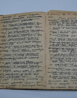 Book-notebook from exile in Kazakhstan. This copy of "Cape of Good Hope" by Zygmunt Nowakowski somehow found its way to Kazakhstan, where it fell into the hands of a Russian teacher who, for lack of clean paper, used it as a notebook. Irena Stankiewicz was exiled there in 1940-46 and met the teacher, who traded the book for a packet of cigarettes. Stankiewicz brought it back with her when she returned to Poland in 1946.