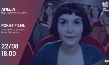 Grafika do pokazu filmu "Amelia"; na zdjęciu główna bohaterka filmu siedząca w kinie