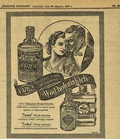 Reklama wody kolońskiej z 1939 roku (Źródło: Dziennik Bydgoski 24 sierpnia 1939, https://kpbc.umk.pl/Content/186369/publikacja39193.pdf)