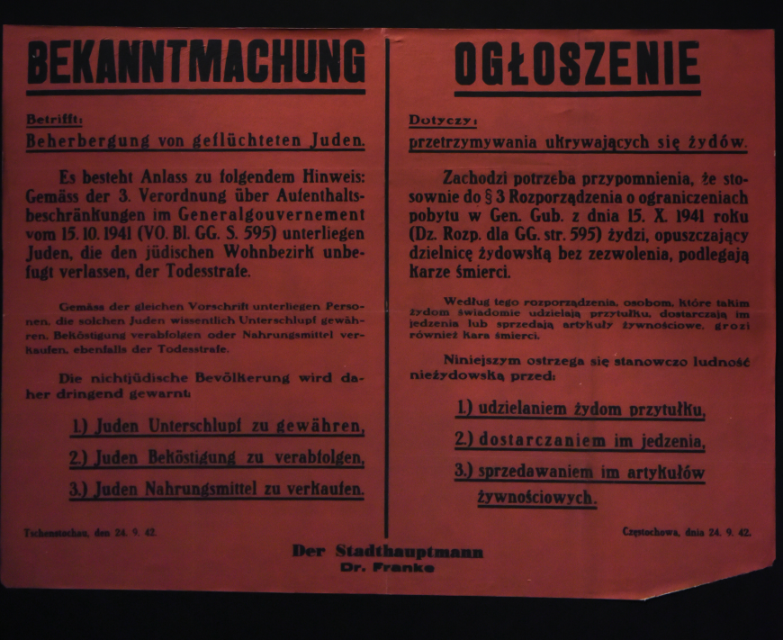 Fot. Obwieszczenia władz niemieckich zabraniających pod groźbą śmierci udzielania schronienia Żydom (MIIWŚ).