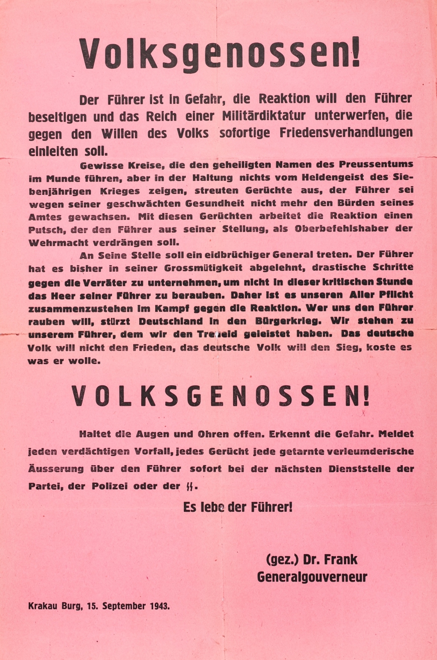 Fałszywe obwieszczenie Hansa Franka z 15 września 1943. Odezwa wydana przez Armię Krajową w ramach akcji „N” (MIIWŚ)