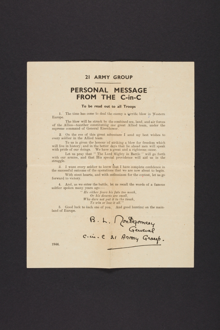 Fot. Wiadomość gen. Bernarda L. Montgomery’ego skierowana do żołnierzy 21. Grupy Armii, w przeddzień D-Day (MIIWŚ)