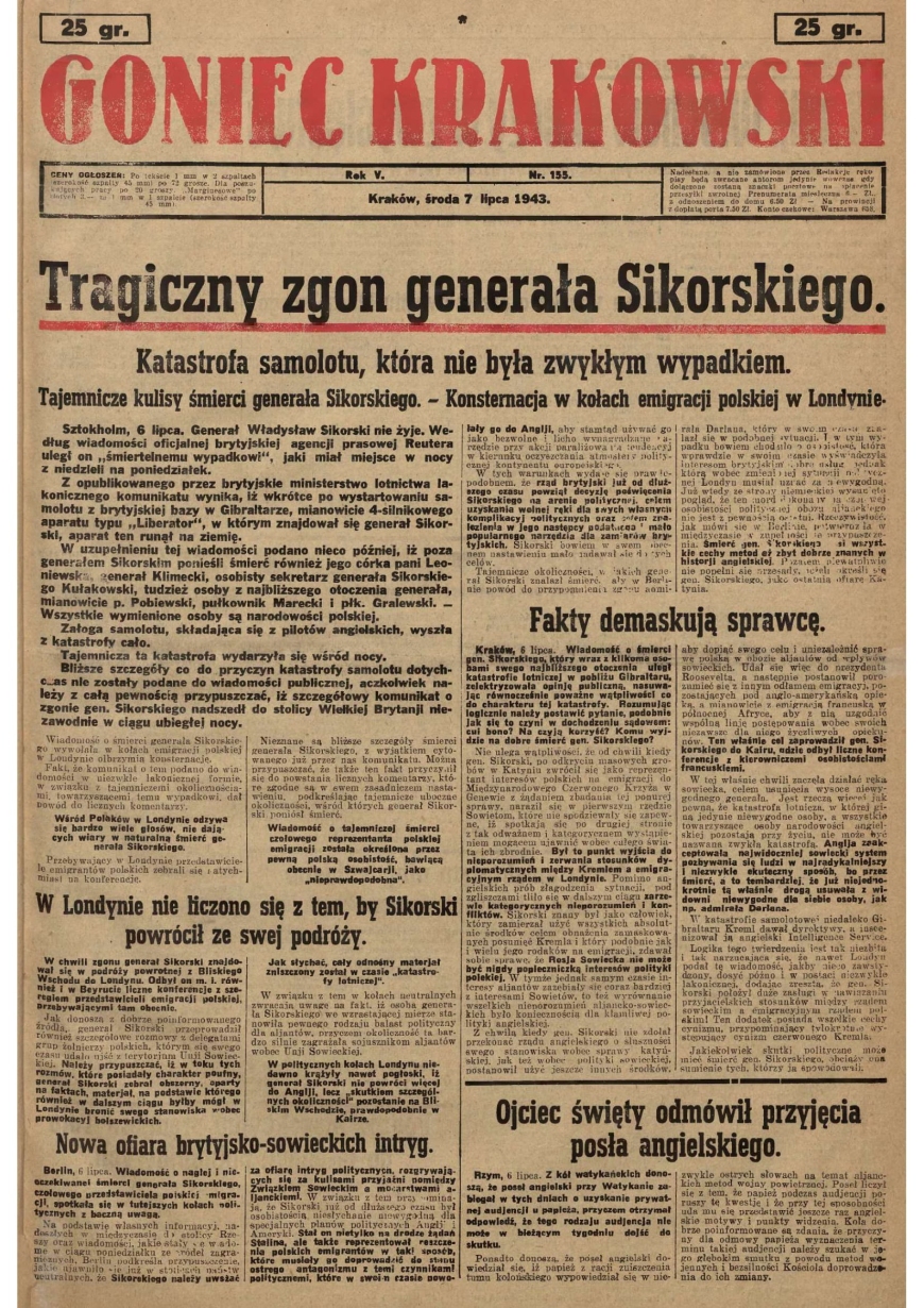 Pierwsza strona gadzinowego „Gońca Krakowskiego” z 7 lipca 1943 r. informująca o śmierci gen. Władysława Sikorskiego (domena publiczna)