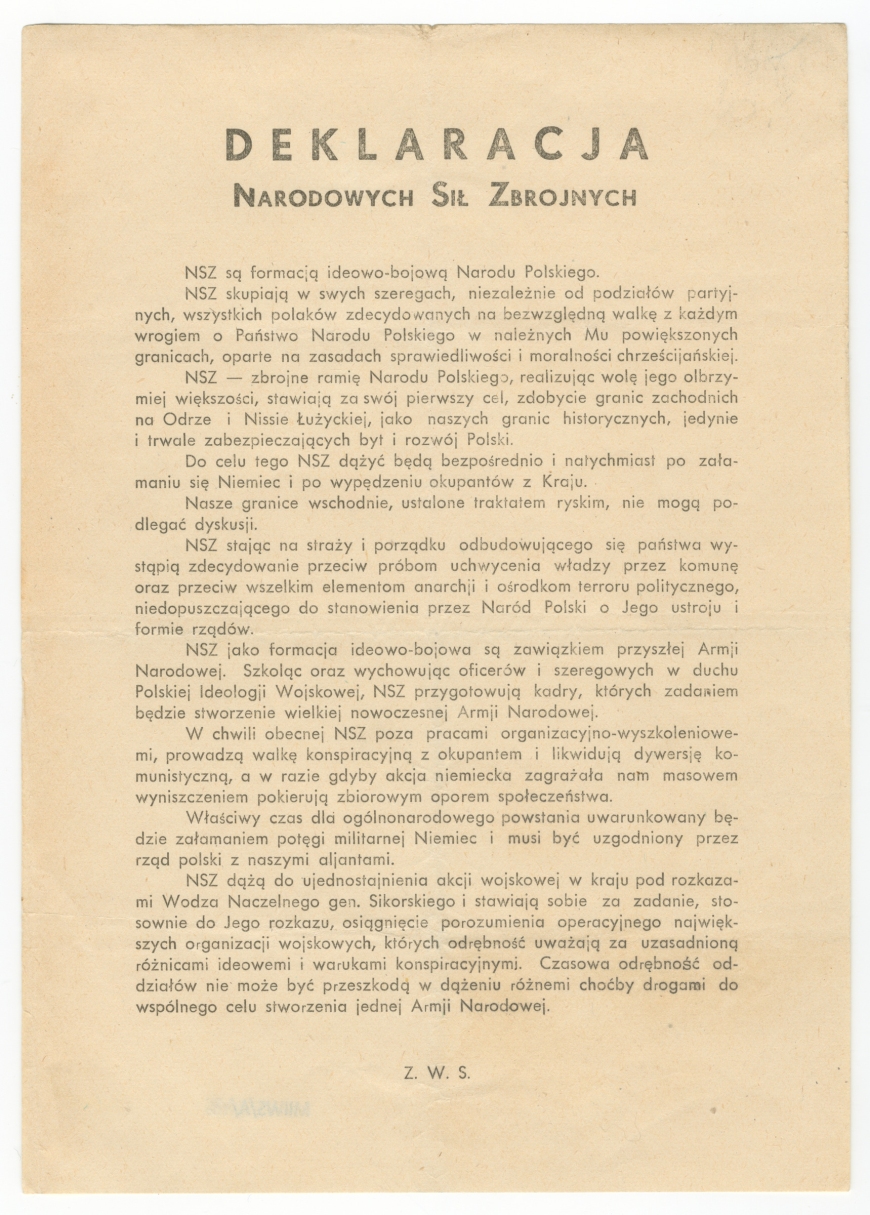 Deklaracja programowa Narodowych Sił Zbrojnych. 1942 r. (MIIWŚ)
