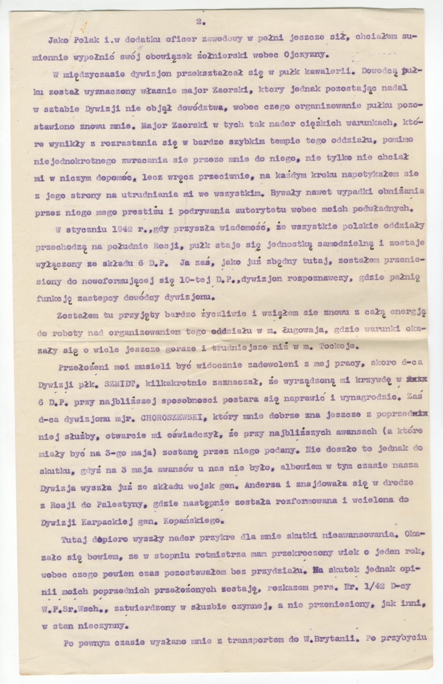 Raport rtm. Witolda Uklańskiego złożony naczelnemu wodzowi PSZ z prośbą o przeniesienie do służby w kraju. Marzec 1943 r. (MIIWŚ)