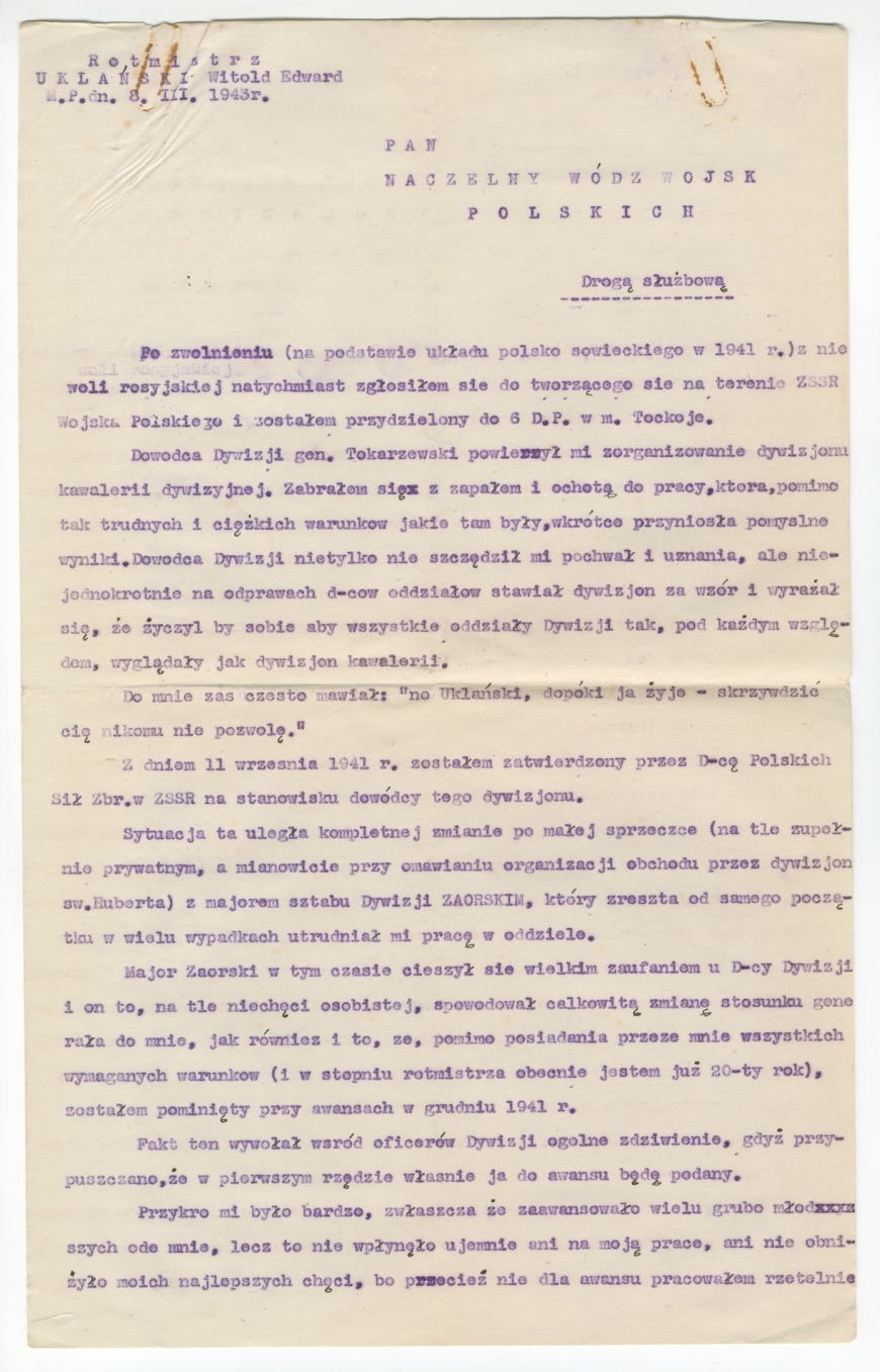 Raport rtm. Witolda Uklańskiego złożony naczelnemu wodzowi PSZ z prośbą o przeniesienie do służby w kraju. Marzec 1943 r. (MIIWŚ)