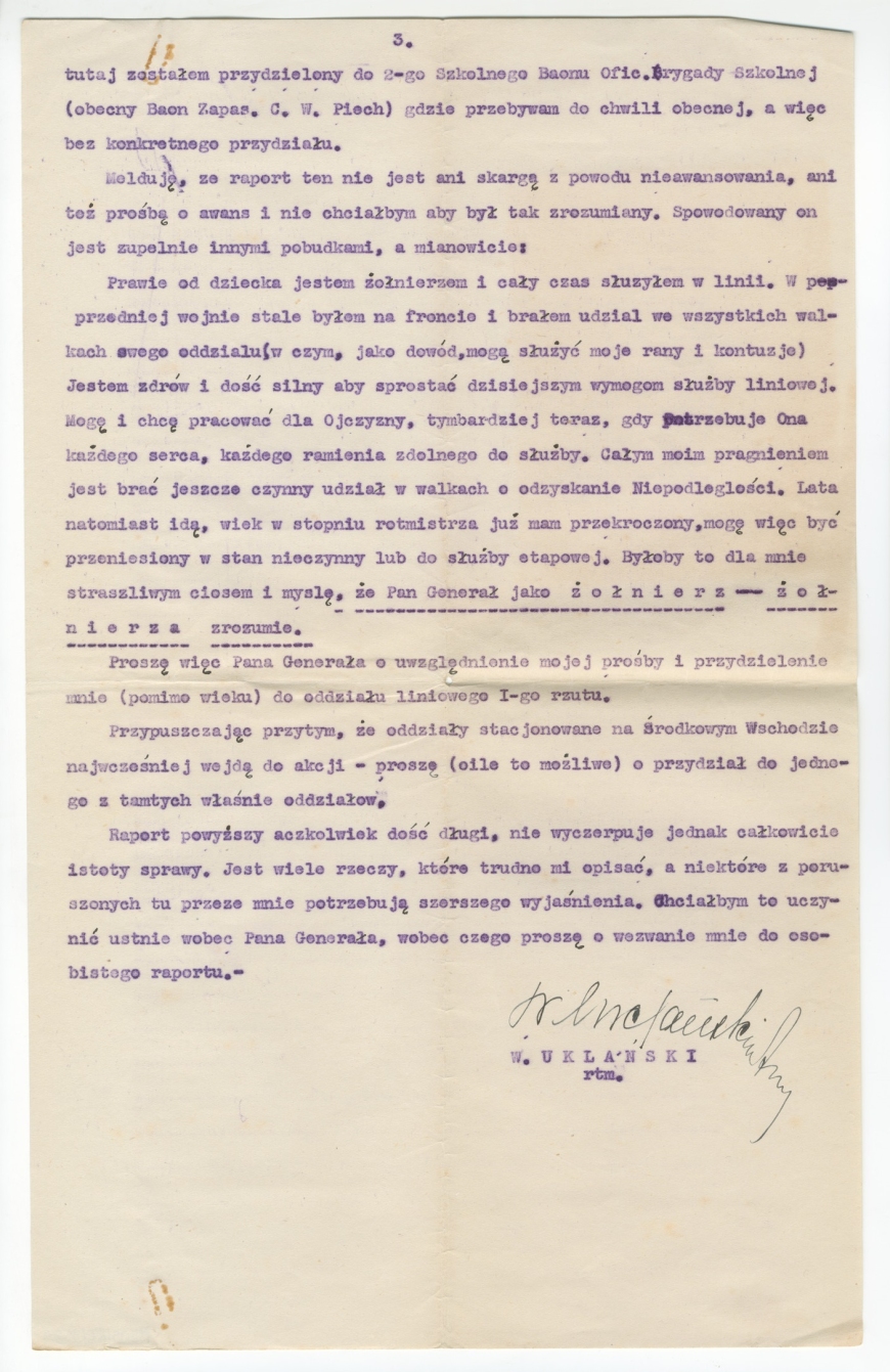 Raport rtm. Witolda Uklańskiego złożony naczelnemu wodzowi PSZ z prośbą o przeniesienie do służby w kraju. Marzec 1943 r. (MIIWŚ)