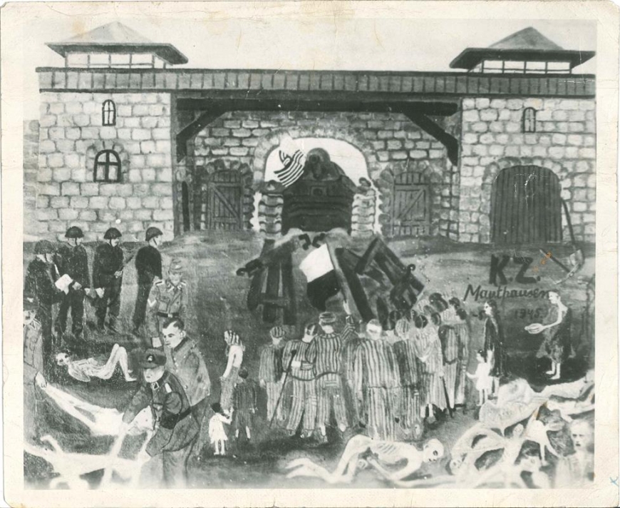 Fotokopia rysunku wykonana przez Jana Stanisława Czerwa - więźnia KL Mauthausen-Gusen, przedstawiająca wyzwolenie obozu 5 maja 1945 r. (Muzeum II Wojny Światowej)