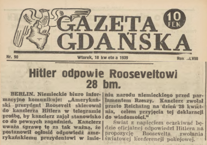 źródło: Gazeta Gdańska z dn. 18 kwietnia 1939