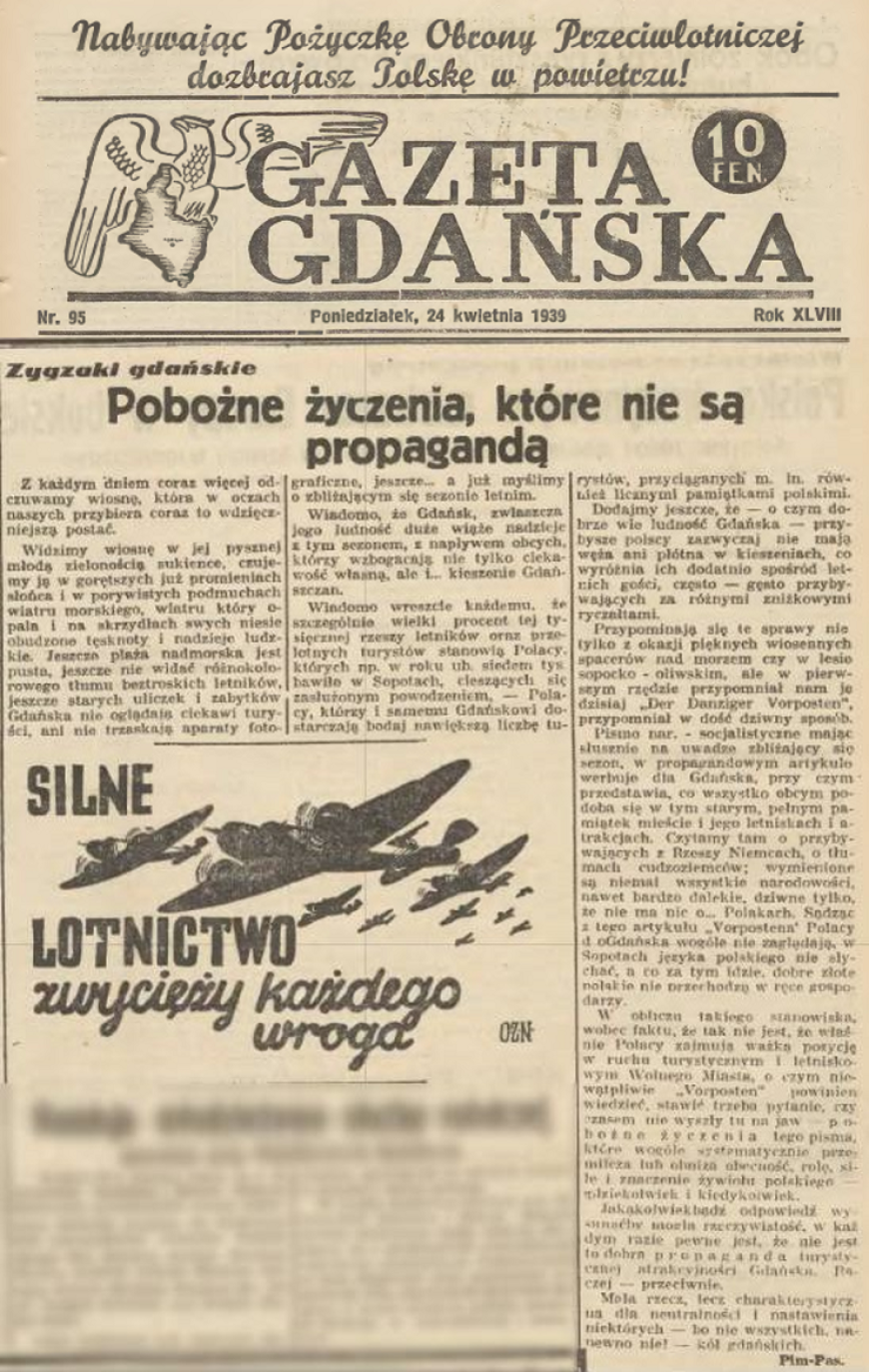 źródło: Gazeta Gdańska z dn. 23 kwietnia 1939