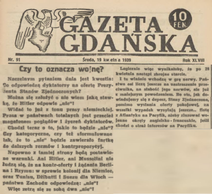 źródło: Gazeta Gdańska z dn. 19 kwietnia 1939