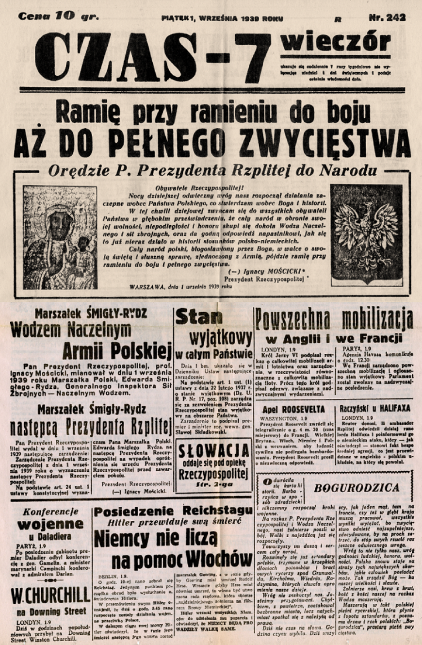 źródło: Czas z dn. 1 września 1939;zbiory MIIWŚ