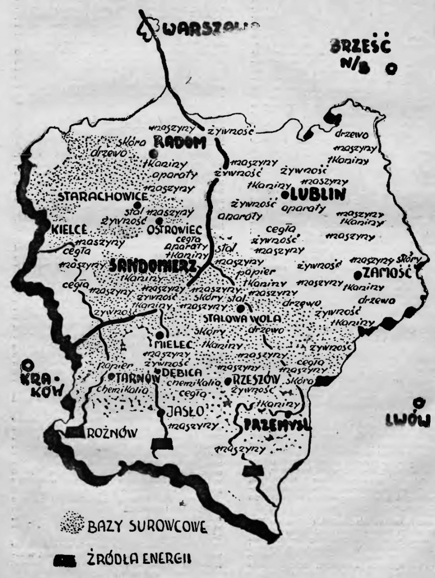 Mapa Centralnego Okręgu Przemysłowego (COP) z Ilustrowanego Kalendarza Słowa Pomorskiego, 1939 rok