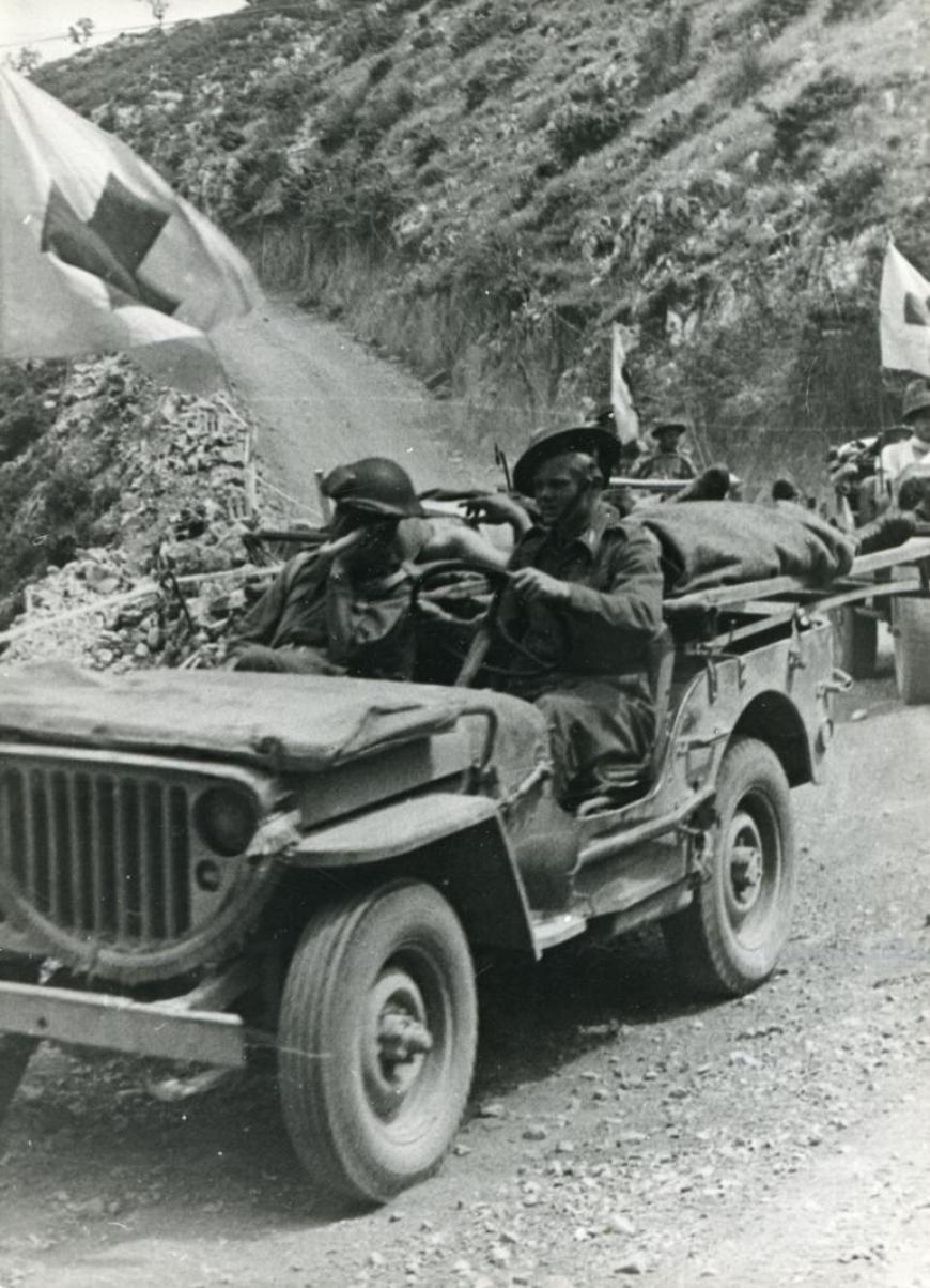 Samochody terenowe Willys MB wykorzystywane przez żołnierzy 2 Korpusu do transportu rannych w czasie walk o Monte Cassino w maju 1944 roku. Zbiory Muzeum II Wojny Światowej w Gdańsku.