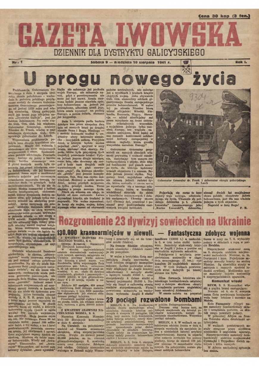 Pierwszy numer „Gazety Lwowskiej”, dziennika wydawanego we Lwowie po wkroczeniu Niemców na okupowane przez ZSRS tereny wschodniej Polski (domena publiczna)