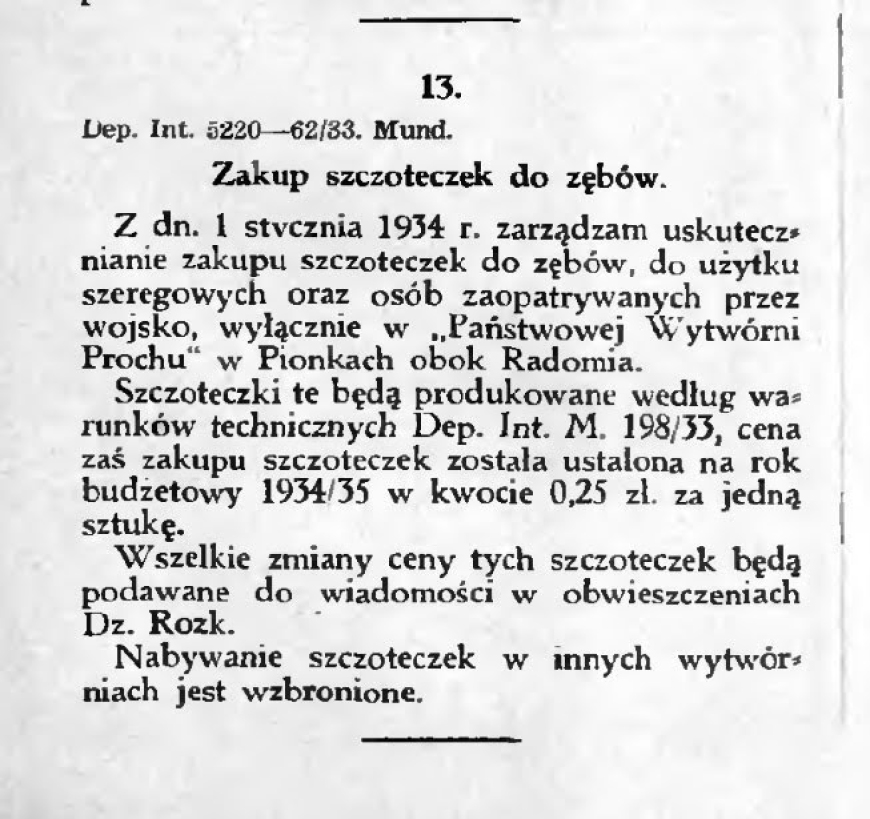 Rozkaz dotyczący zakupu szczoteczek na potrzeby Wojska Polskiego