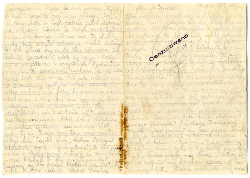 Jeden z wielu listów napisanych przez Janinę do rodziców w trakcie jej uwięzienia. List prezentowany na zdjęciu został wysłany z więzienia w Fordonie 21.10.1947 r. Przed dostarczeniem został otwarty przez cenzurę (pieczątka). Janina Wasiłojć stara się w korespondencji podnieść bliskich na duchu, pisząc m.in.: 
