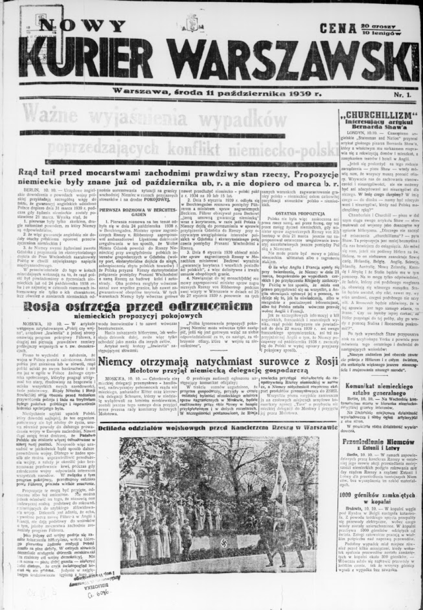 Nowy Kurier Warszawski, okładka pierwszego wydania gazety (domena publiczna)