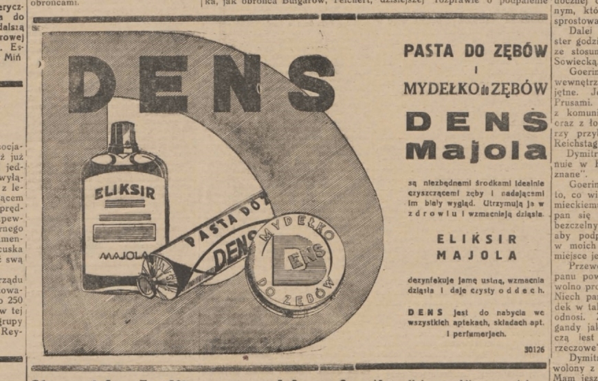 Reklama produktów „DENS” zamieszczona w 1933 roku w „Dzienniku Wileńskim” 