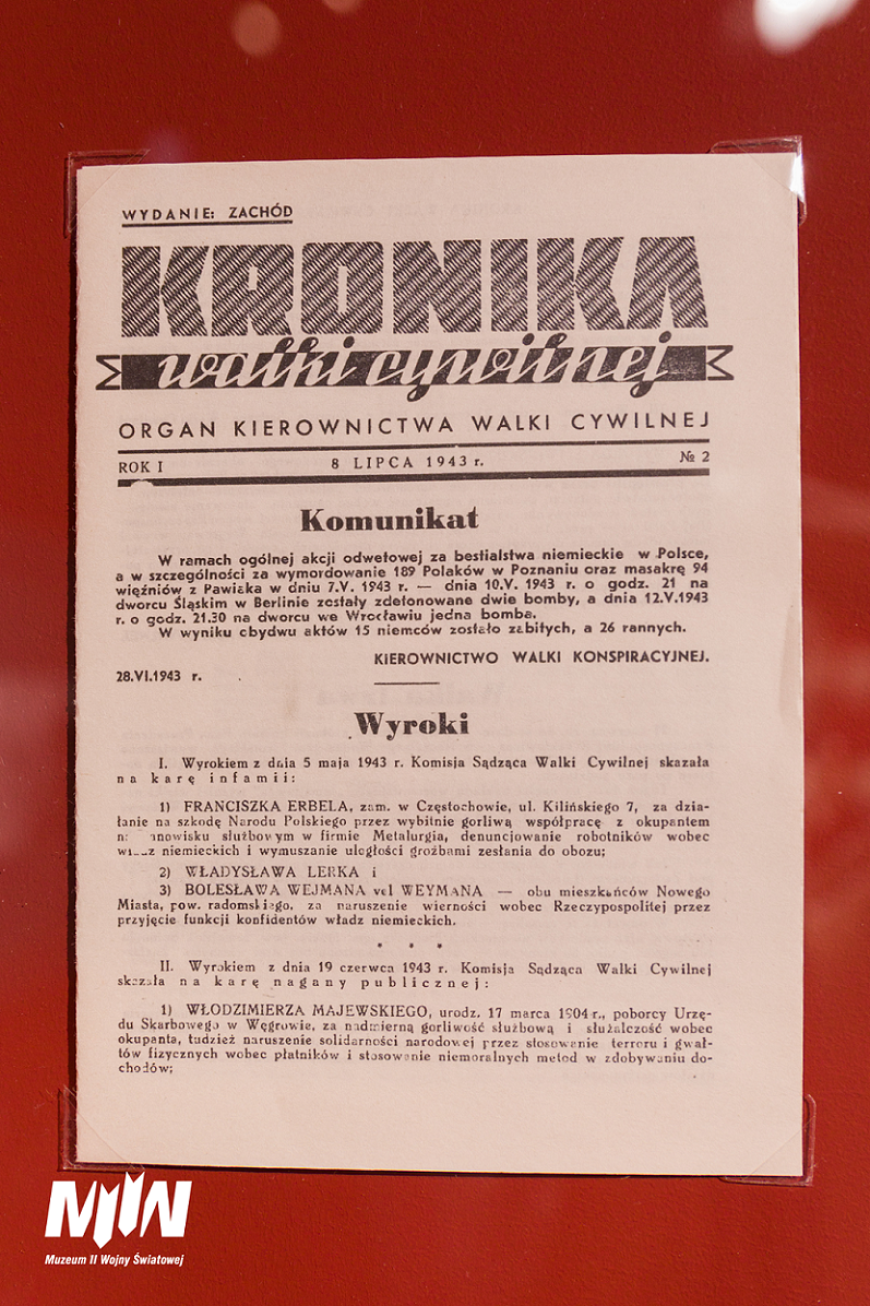 Egzemplarz „Kroniki Walki Cywilnej” z 8 lipca 1943 r. prezentowany na wystawie czasowej  „Walka i Cierpienie. Obywatele polscy podczas II wojny światowej” || fot. M. Bujak