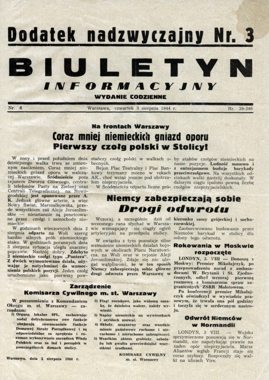 Biuletyn Informacyjny, Dodatek Nadzwyczajny nr 3, Wydanie Codzienne, nr 39-246, z 3 sierpnia 1944 r.