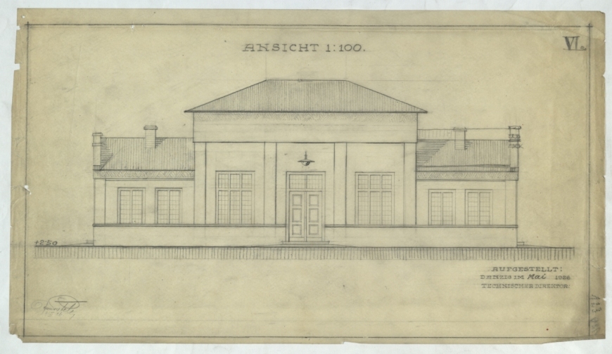 Projekt południowej elewacji budynku elektrowni wraz z wejściem do głównej sali maszyn. Rysunek wykonano na zlecenie firmy budowlanej w maju 1926 r. (Archiwum Państwowe w Gdańsku)