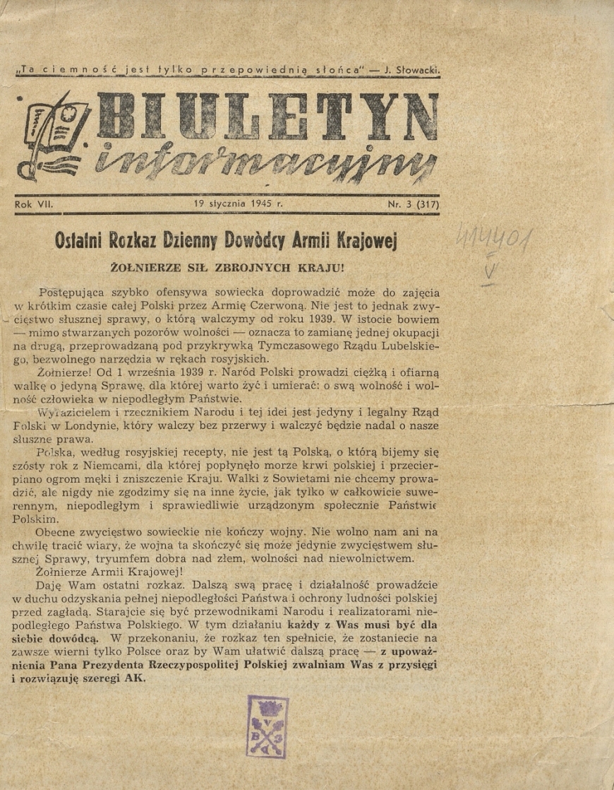 Biuletyn Informacyjny. R.7, nr 3 (19 stycznia 1945) = nr 317, źródło: Cyfrowa Biblioteka Narodowa POLONA