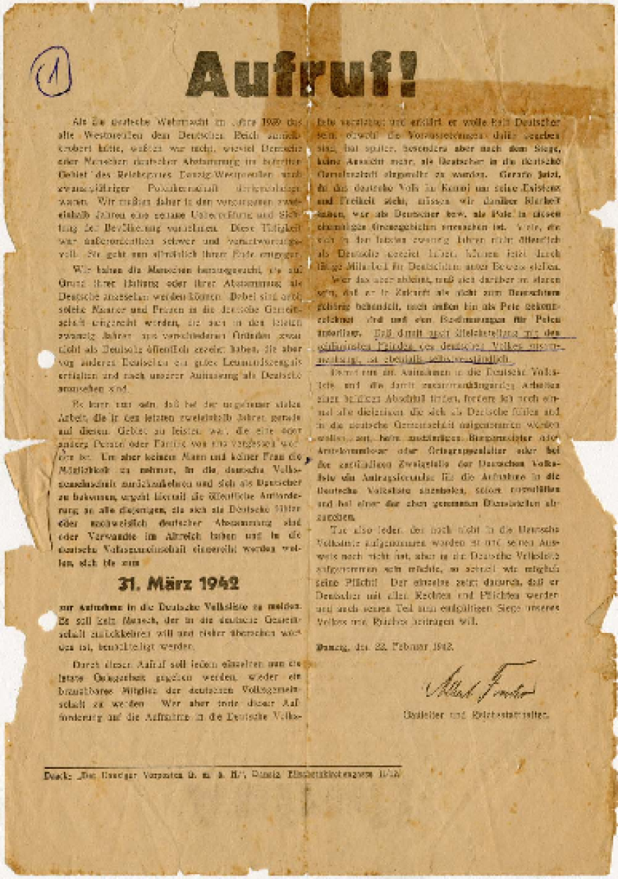 Odezwa Gauleitera Alberta Forstera z apelem o dokonywanie wpisów na Niemiecką Listę Narodowościową, 22 lutego 1942 r. Zbiory MIIWŚ w Gdańsku