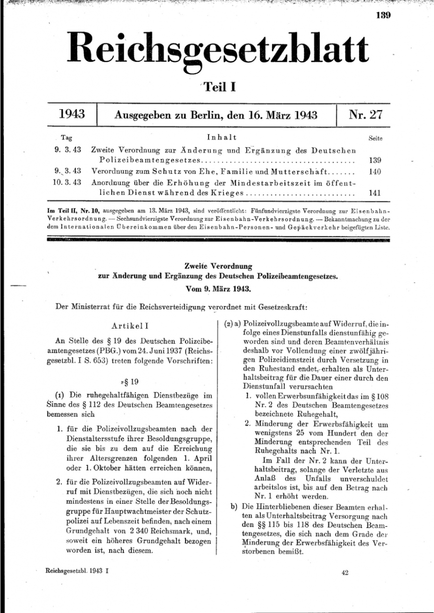 Pierwsza strona wydania Dziennika Ustaw Rzeszy, w którym uregulowano kwestię aborcji w Niemczech i względem robotnic przymusowych ze wschodu (Österreichische Nationalbibliothek – ALEX Historische Rechts- und Gesetzestexte Online)