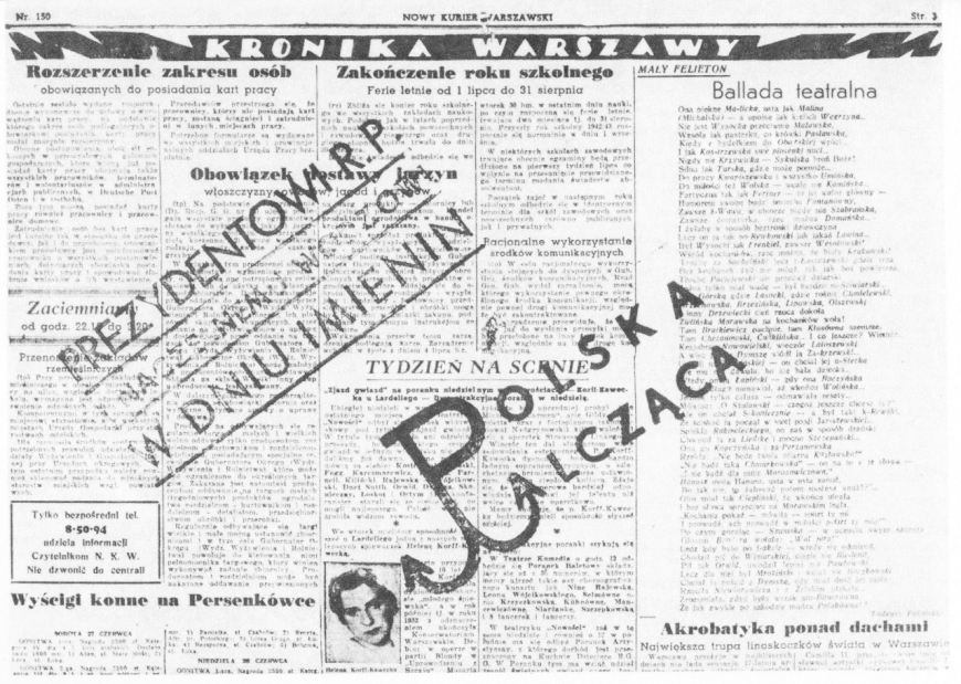 Wydawany oficjalnie (pod nadzorem Niemców) „Nowy Kurier Warszawski” („prasa gadzinowa”) ostemplowany symbolem Polski Walczącej oraz życzeniami imieninowymi dla prezydenta RP Władysława Raczkiewicza i naczelnego wodza gen. Władysława Sikorskiego. 27 czerwca 1942 r. Źródło: domena publiczna