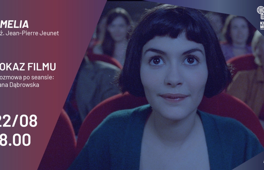 Grafika do pokazu filmu "Amelia"; na zdjęciu główna bohaterka filmu siedząca w kinie