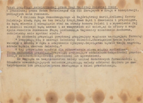 Fot. 2. Karta z tekstem przysięgi, którą składali ochotnicy wstępujący do ZWZ, wraz z instrukcją dla dowódcy. 1940 r. (MIIWŚ)