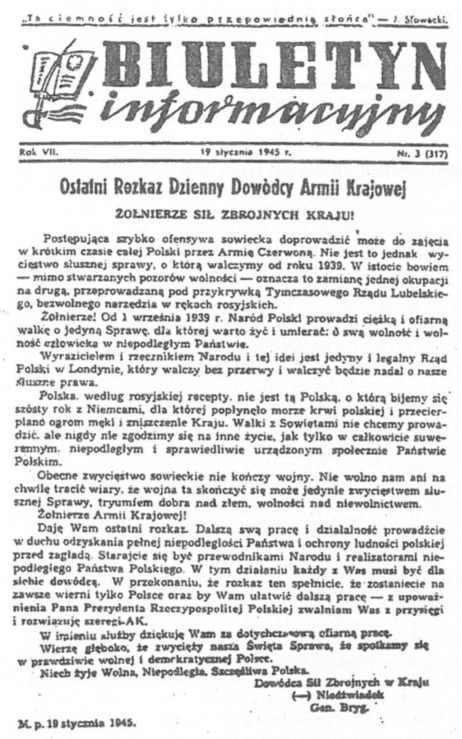 Fot. Ostatni rozkaz dzienny dowódcy AK opublikowany w „Biuletynie Informacyjnym” 19 stycznia 1945 r. (domena publiczna)