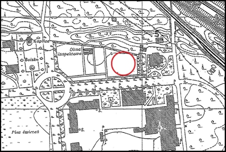 Mapa Westerplatte z 1934 (Willa i Wartownia nr 5) z zaznaczonym rejonem pochówków