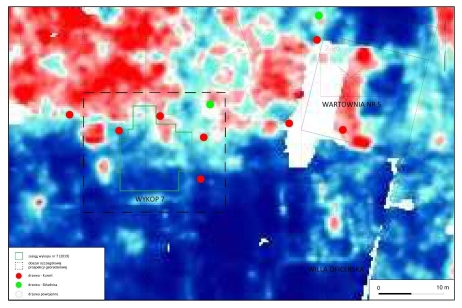 Model wyników badań georadarowych przeprowadzonych w czerwcu 2018 roku z naniesionym obszarem badań archeologicznych przeprowadzonych w roku 2019. 