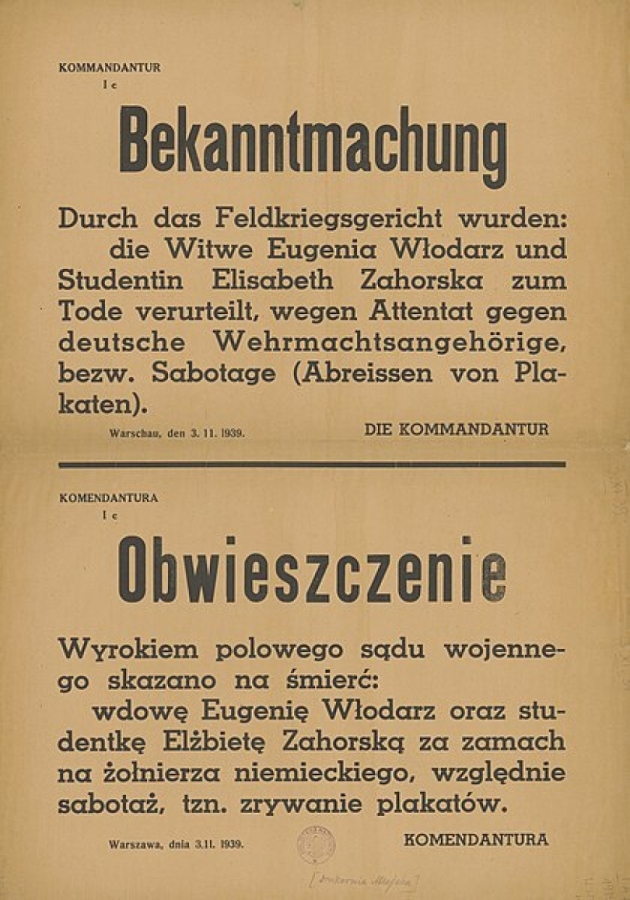 Obwieszczenie niemieckie o egzekucji Eugenii Włodarz i Elżbiety Zahorskiej, 3.11.1939 (domena publiczna)