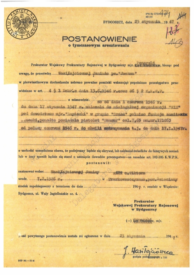 Postanowienie o tymczasowym aresztowaniu Janiny Wasiłojć, 1947 (źródło: AIPN)